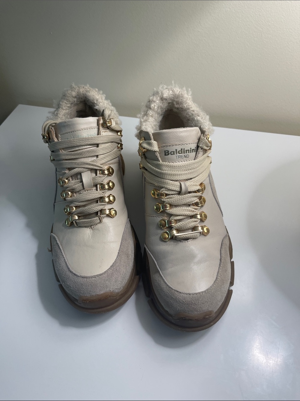 Baldinini Cream and Taupe Leather Shearling-Trim Hiking Sneakers